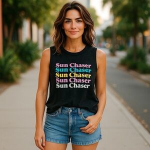 Womens Rebellious One “Sun Chaser” Graphic Crop Tank Black Size Medium